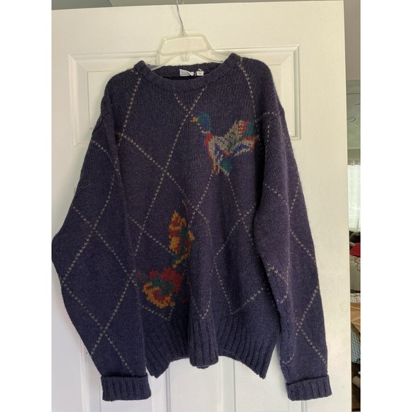 Sero Other - Vintage 100% Wool Argyle Sweater With Duck‎ Mallard Navy Blue Hong Kong